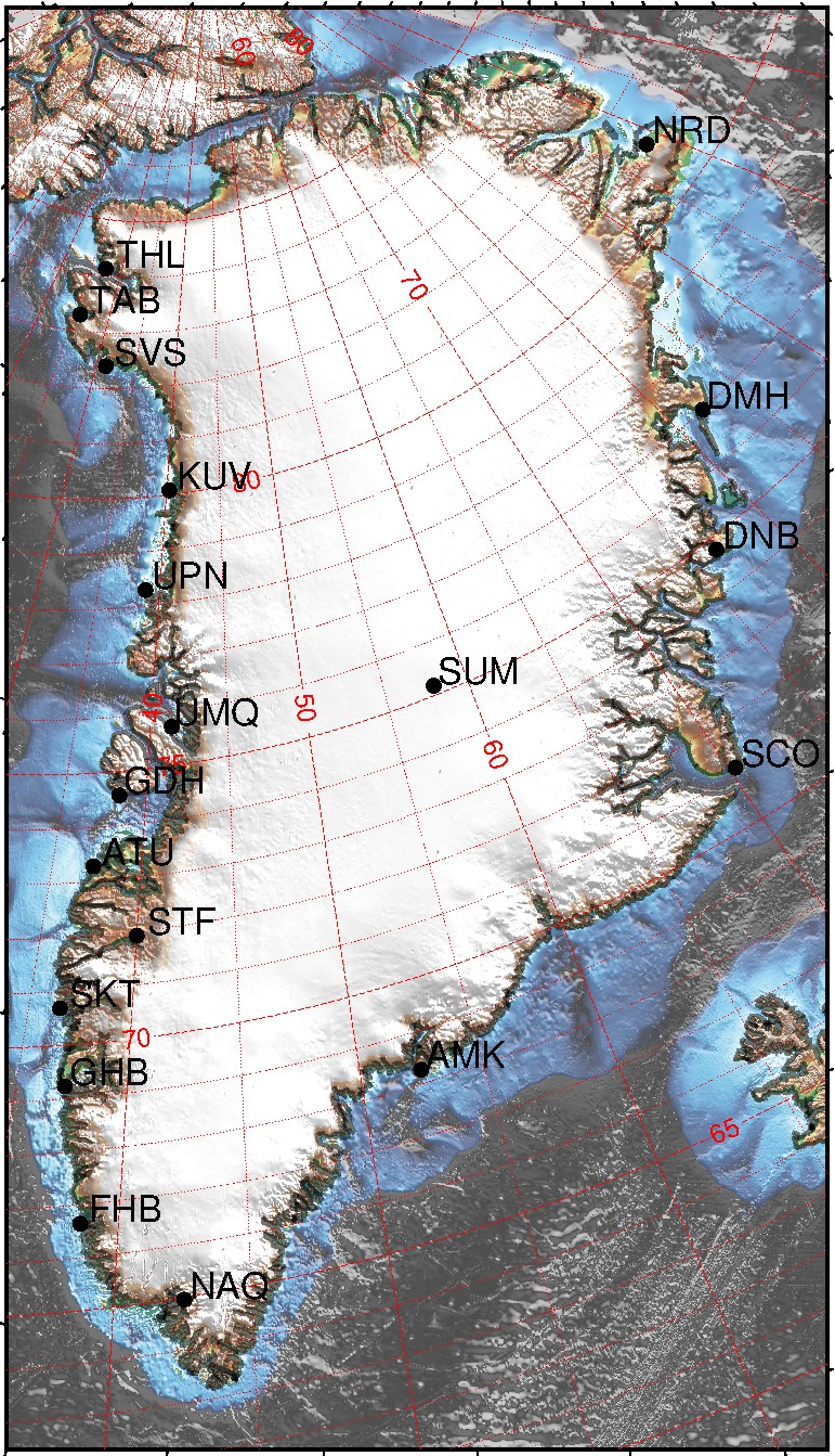 A geological map of Greenland, annotated with labelled points at the locations of magnetometer stations, and overlaid with red lines and circles displaying the magnetic coordinate grid.